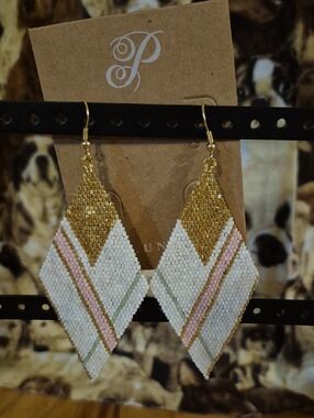 Plunder Gold, White, Pink & Green Beaded Diamond Drop Earrings